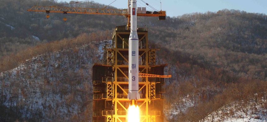 A North Korea's Unha-3 rocket lifts off from the Sohae launch pad in Tongchang-ri Dec. 12, 2012.