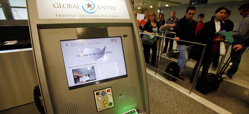 A Global Entry Trusted Traveler Network kiosk awaits arriving international passengers in Los Angeles in 2010.