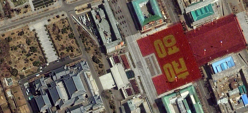 This April 15, 2012 satellite image shows a parade held to mark the 100th anniversary of Kim Il Sung's birthday in Pyongyang, North Korea.