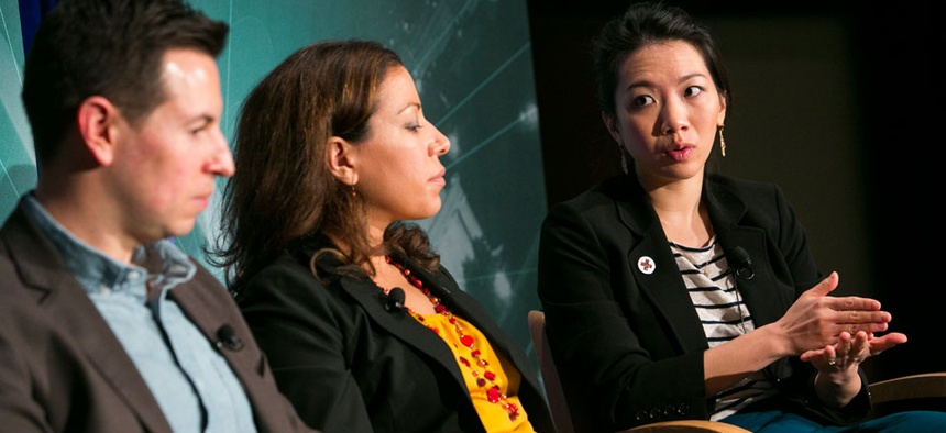 From left, Carter Hewgley, Nicole Chapple and Gloria Huang participated in the panel Thursday.