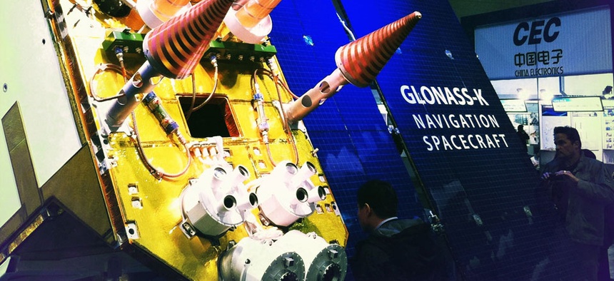 A full-sized model of the Russian Next-Generation Glosnass-K Satellite was displayed at CeBit 2011.