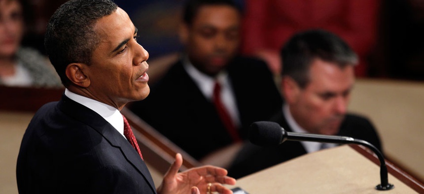 Barack Obama gestures while giving his State of the Union in 2012.