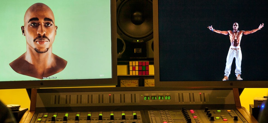 Video images of the Tupac Shakur hologram are displayed on a computer monitor at the Subtractive Studio in Santa Monica, Calif.