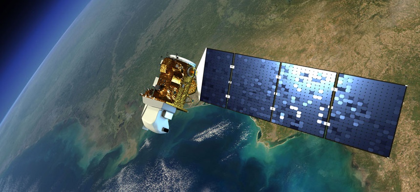 An artist's rendering of a Landsat satellite in orbit around Earth