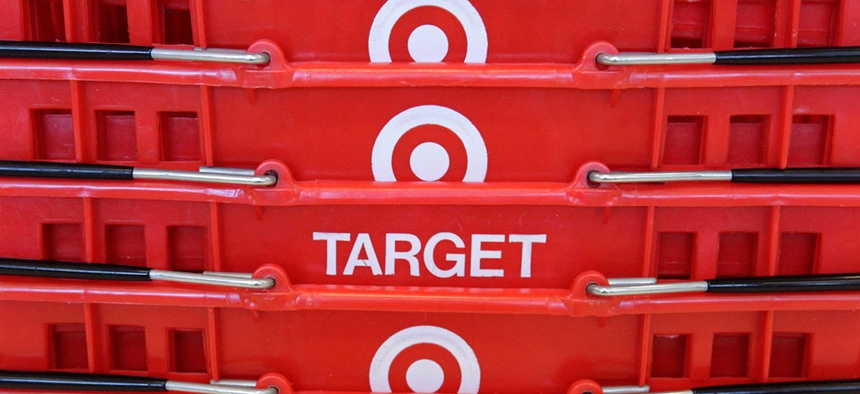 Shopping baskets are stacked at a Chicago area Target store.