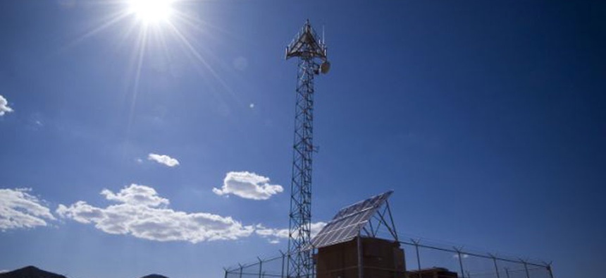 A prototype of a tower for a virtual fence along the U.S.-Mexico border at a test facility in Playas, N.M.