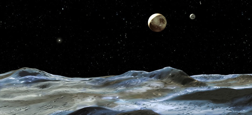 An artist's rendering of the moon system of Pluto