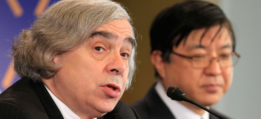 Energy Secretary Ernest Moniz and Japan's Special Advisor to the Prime Minister Yosuke Isozaki address the media at the first day of a two-day summit Monday in the Netherlands.