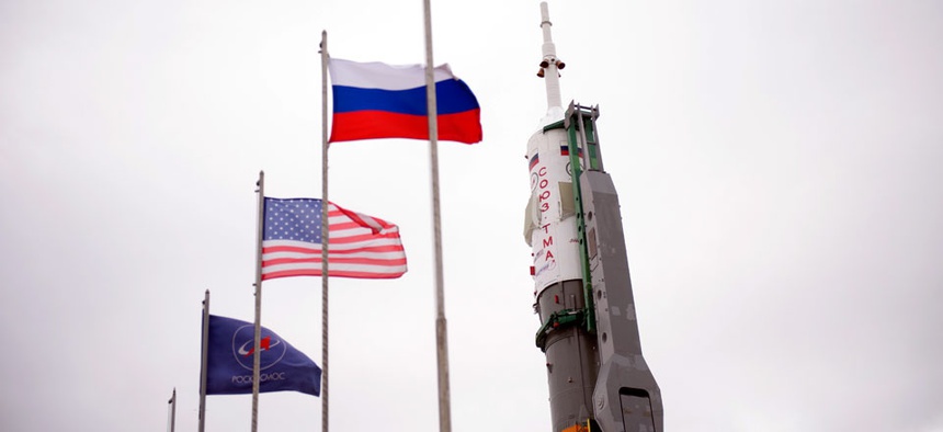 The Soyuz TMA-12M spacecraft is seen after being erected on the launch pad on Sunday, March 23, 2014,