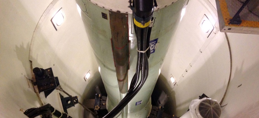 A mockup of a Minuteman 3 nuclear missile used for training by missile maintenance crews at F. E. Warren Air Force Base, Wyo.