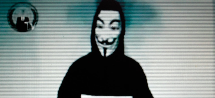 This image taken from a video posted by Internet hackers, Anonymous on the Greek Justice Ministry web site.