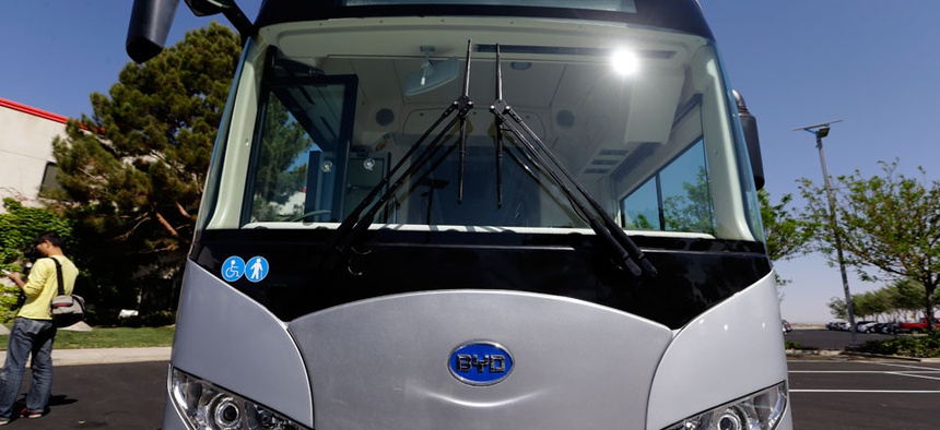 An electric bus outside of an electric bus manufacturing plant by the Chinese firm BYD, in the Southern California city of Lancaster