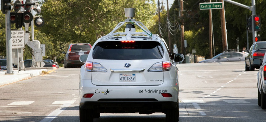The Google driverless car navigating along a street in Mountain View, Calif.