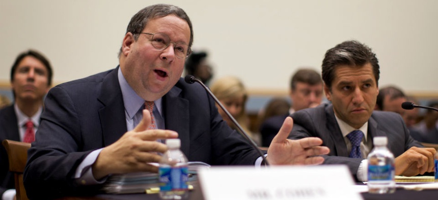 David Cohen, Executive Vice President, Comcast Corporation, left, testifies with Robert Marcus, Chairman and CEO, Time Warner Cable at a hearing on the proposed merger of the two companies.