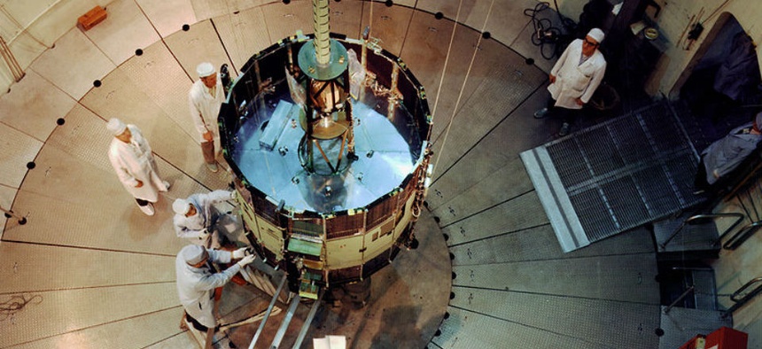 The ISEE-3, undergoing testing and evaluation.