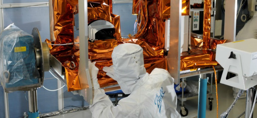 The Ozone Mapping and Profiler Suite instrument undergoes post thermal inspection at a Ball facility in Boulder.