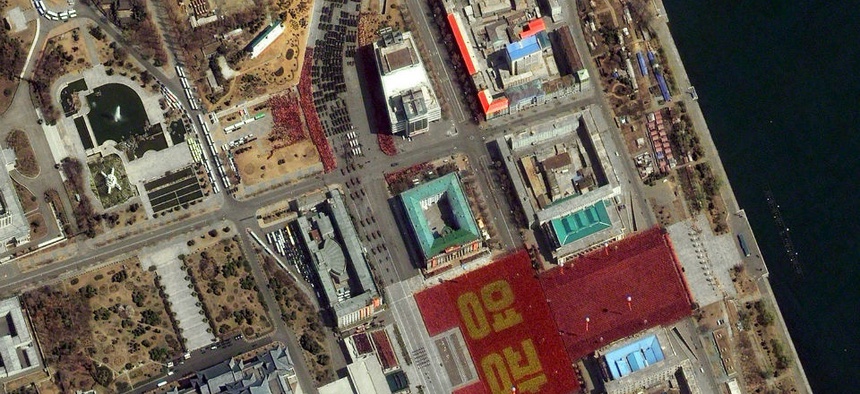 A satellite image provided by DigitalGlobe shows a parade held to mark the 100th anniversary of Kim Il Sung's birthday Pyongyang, North Korea.