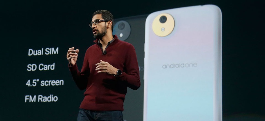 Sundar Pichai, senior vice president of Android, Chrome and Apps, speaks about the Android One phone during the Google I/O 2014 keynote presentation in San Francisco.