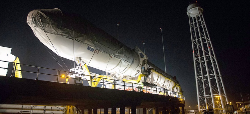 Orbital Sciences Corp. rolls out the Antares rocket to Virginia's Mid-Atlantic Regional Spaceport Pad 0A in preparation for launching its Cygnus cargo spacecraft to the International Space Station.