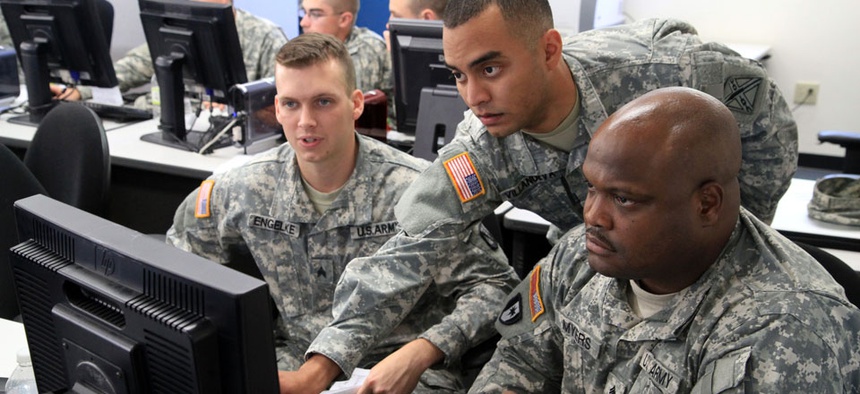 National Guard soldiers conduct a computer network defense exercise in 2012.