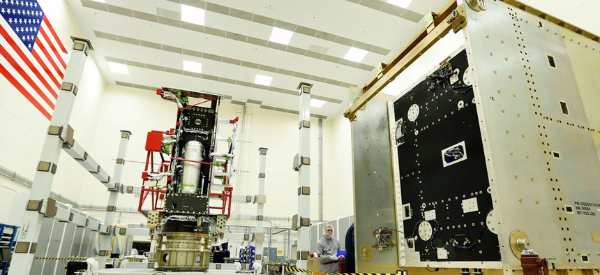 A GOES-R Spacecraft System and Propulsion Modules in Lockheed Martin Cleanroom