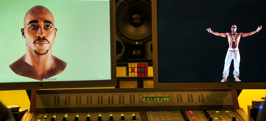 Video images of the Tupac Shakur hologram are displayed on a computer monitor at the Subtractive Studio in Santa Monica, Calif.