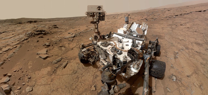 A self-portrait taken by the NASA rover Curiosity in Gale Crater on Mars.