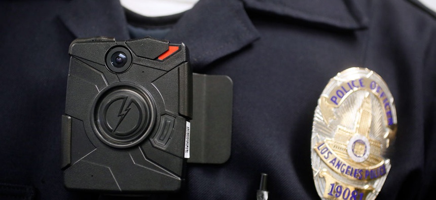 Los Angeles Police officer wearing an on-body camera.