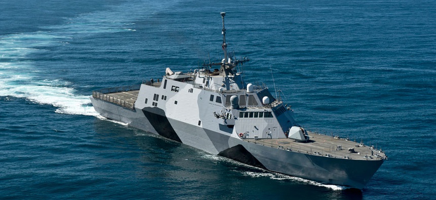 The littoral combat ship USS Freedom is conducting sea trials in the Pacific Ocean off the coast of Southern California.