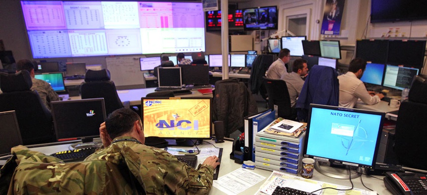 Staff operate at the NATO Computer Incident Response Capability (NCIRC) technical center, at NATO's military headquarters in Belgium.