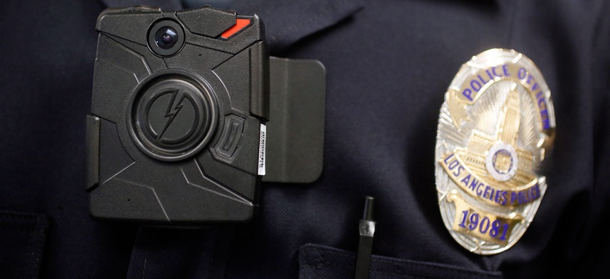 A Los Angeles Police officer wearing an on-body cameras during a demonstration for media in Los Angeles.