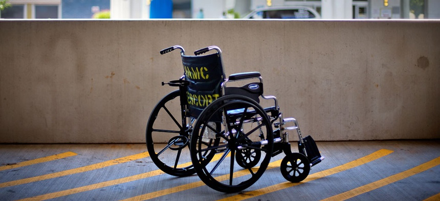 A wheelchair sits outside the Atlanta VA Medical Center.