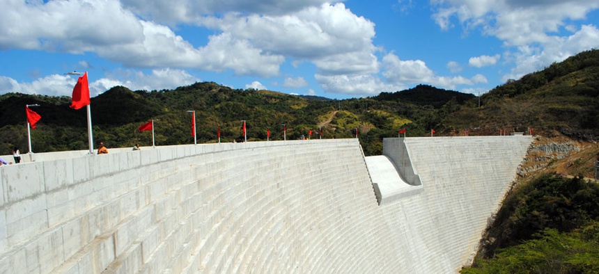 A view of the recently completed Portugues Dam. The dam, located near Ponce, Puerto Rico, is designed to reduce the impacts of flooding along the Portugues River.