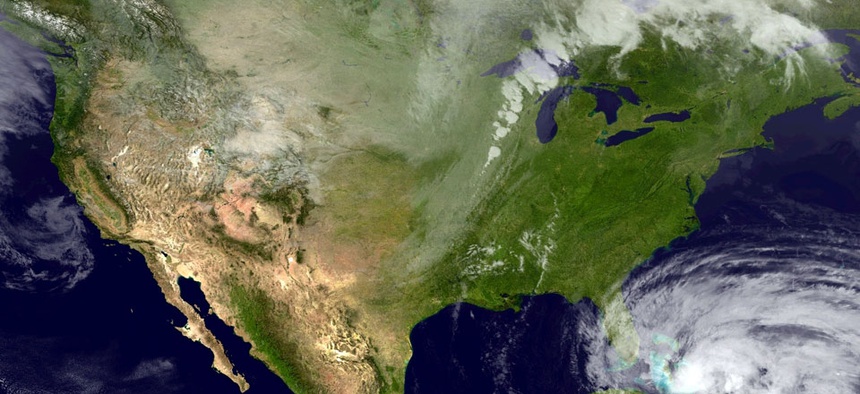 This NOAA satellite image shows Category 2 Hurricane Sandy moving northward across eastern Cuba.