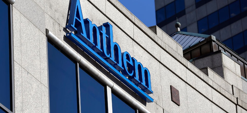 The Anthem logo hangs at the health insurer's corporate headquarters in Indianapolis.