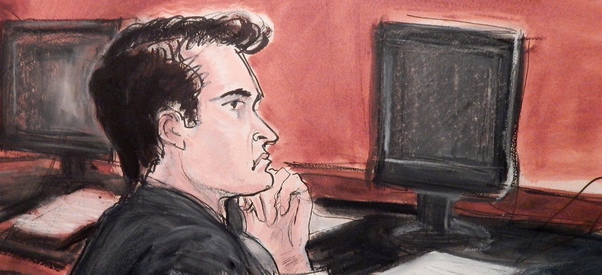 In a courtroom drawing, defendant Ross Ulbricht listens to proceedings from the defense table in January.