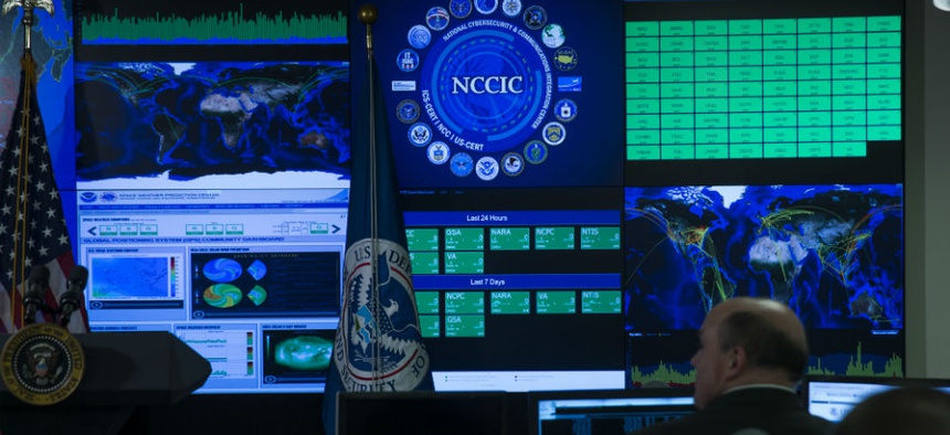 A view of the National Cybersecurity and Communications Integration Center before remarks by President Barack Obama, on Tuesday, Jan. 13, 2015, in Arlington, Va.
