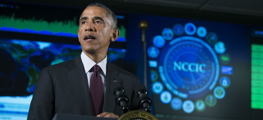 President Barack Obama speaks at the National Cybersecurity and Communications Integration Center in Arlington, Va.,Tuesday, Jan. 13, 2015.