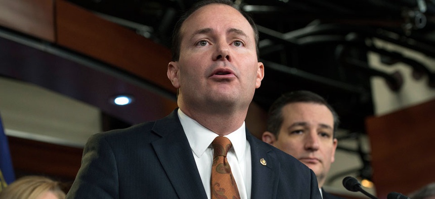 Sen. Mike Lee, R-Utah, speaks during a news conference on Capitol Hill in Washington, Thursday, Feb. 12, 2015.