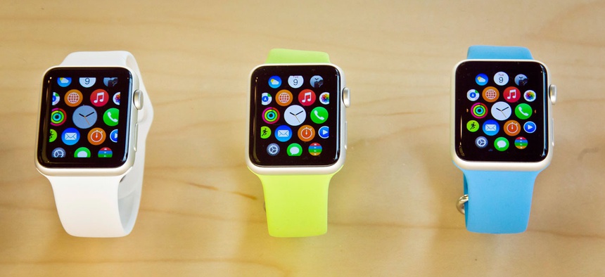 Apple Watches appear on display, Friday, April 10, 2015, in New York. Apple has started taking orders for the watch on its website and the Apple Store app.