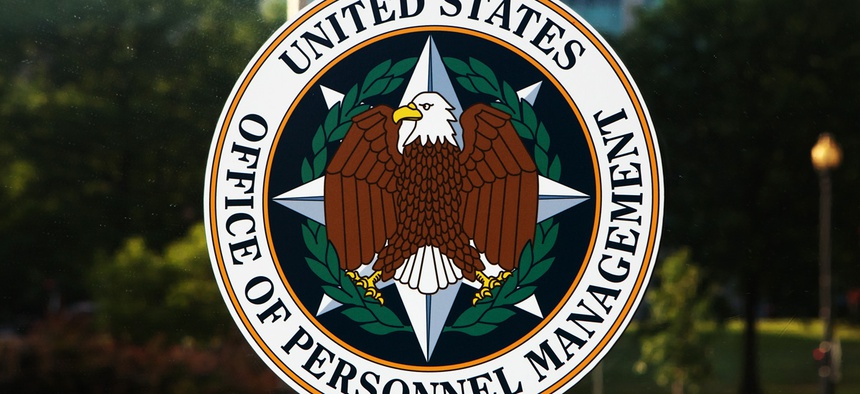 Emblem on the door of the Office of Personnel Management in Washington, DC.