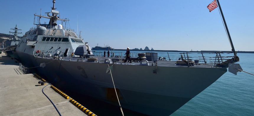 The U.S. Navy’s littoral combat ship USS Fort Worth (LCS-3) is moored at a South Korean naval port in the southeastern port city of Busan Saturday, March 14, 2015. Assessments performed on the Littoral Combat Ship 3 last year uncovered cyber vulnerabilit