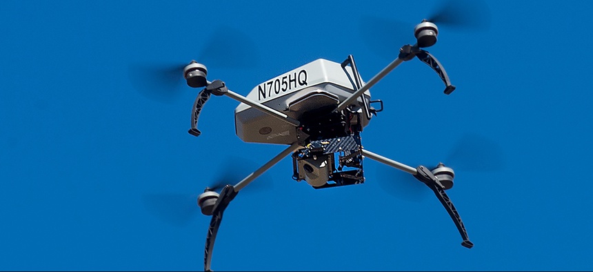 A drone operated by the Alameda County Sheriff's Office flies during a demonstration of a search and rescue operation in Dublin, Calif.