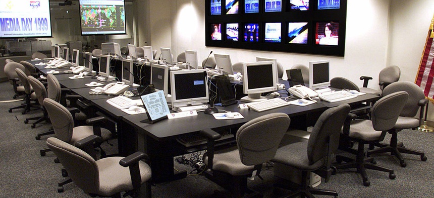 The White House's Y2K crisis center is shown during a media tour Monday Nov. 15, 1999, in Washington. The federal government offered the first public glimpse Monday at its new $50 million Y2K center, a high-tech crisis room near the White House. At the sa