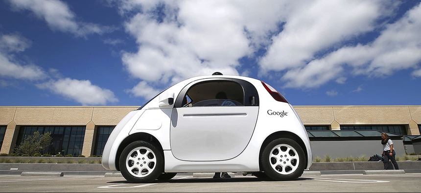Google's new self-driving prototype car is presented during a demonstration at the Google campus in Mountain View, Calif.