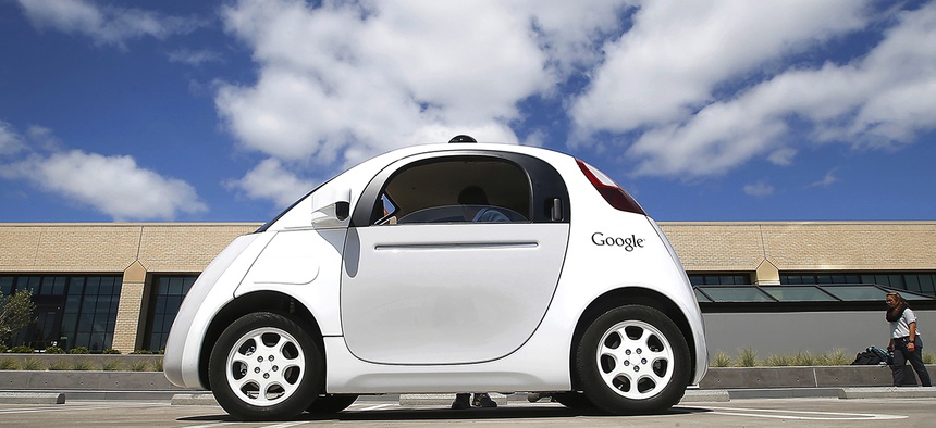 Google's new self-driving prototype car is presented during a demonstration at the Google campus in Mountain View, Calif.