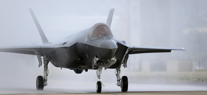 An F-35 arrives at it new operational base Wednesday, Sept. 2, 2015.