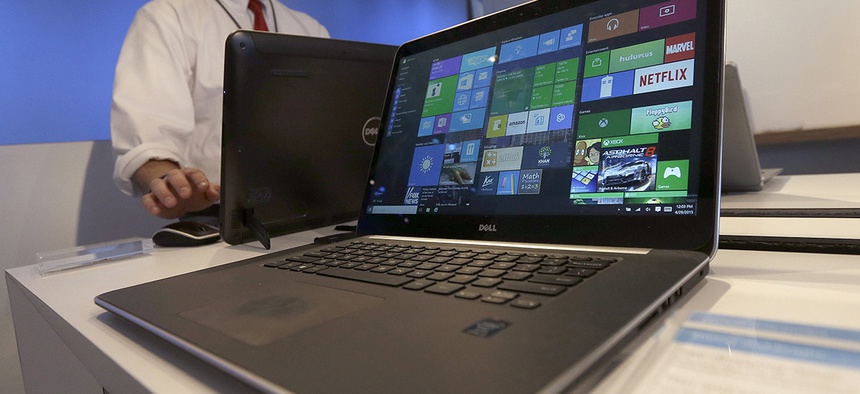 A Dell laptop computer running Windows 10 is on display at the Microsoft Build conference in San Francisco.