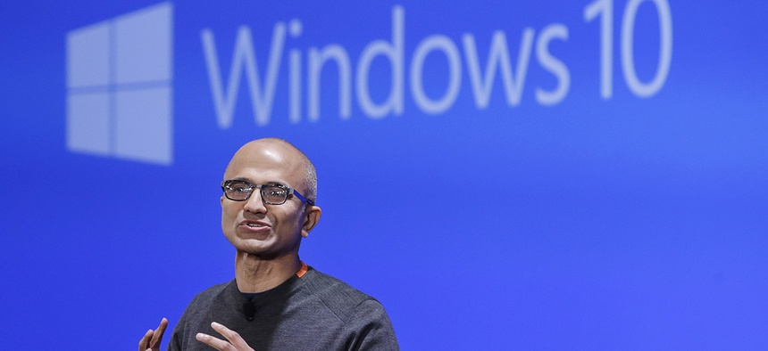 Microsoft CEO Satya Nadella speaks at an event demonstrating the new features of Windows 10 at the company's headquarters in Redmond, Wash.