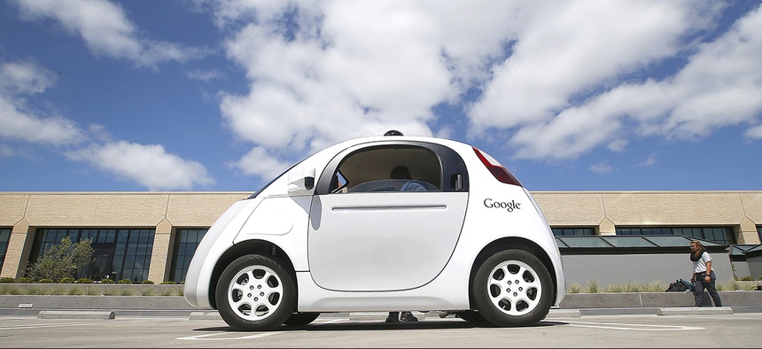 Google's new self-driving prototype car is presented during a demonstration at the Google campus in Mountain View, Calif.